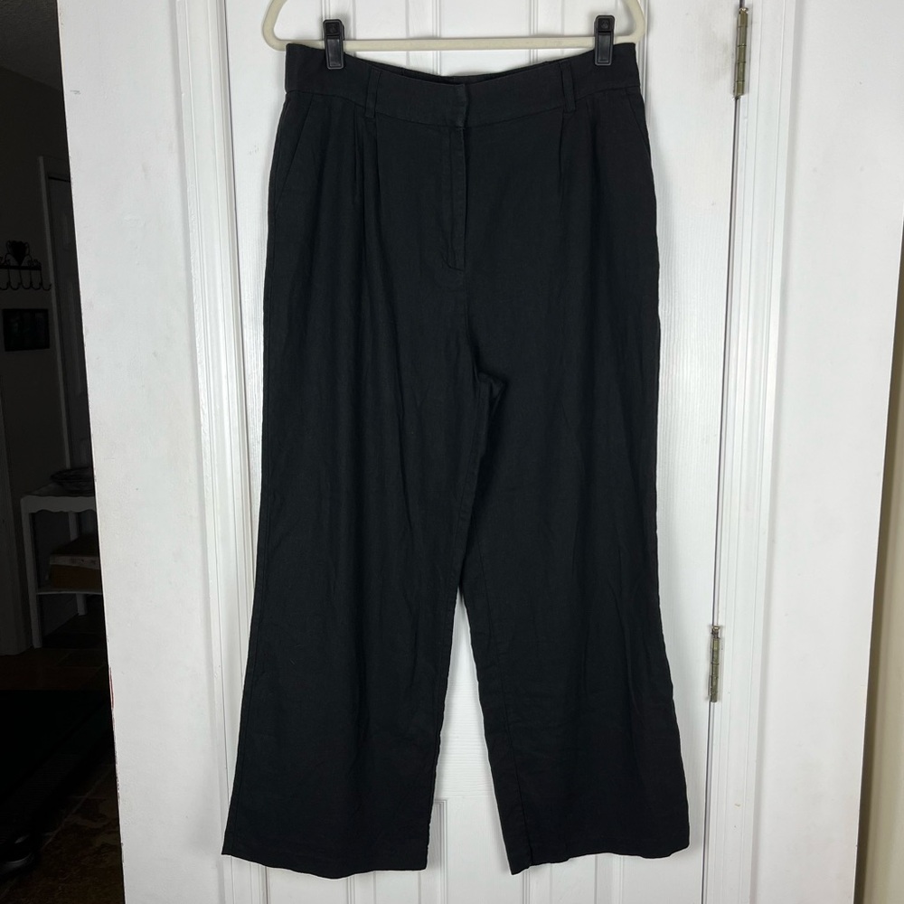 Blue Sol Black High Waist Wide Leg Linen Blend Trouser Pants Sz L Beach Coastal